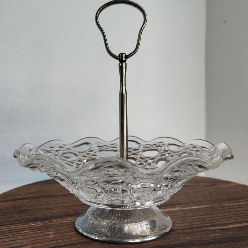 Glass Tidbit Tray Candy Dish W Silver Plated Handle England Jewelry Display Dish
